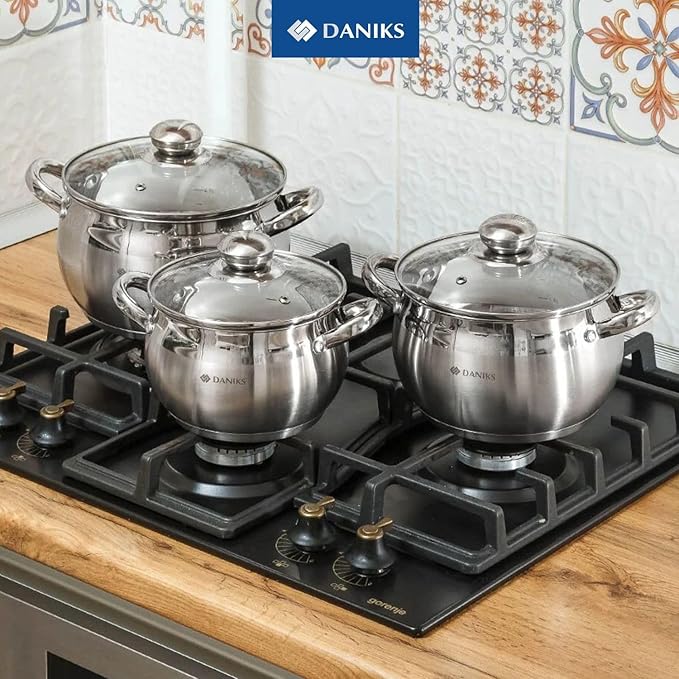 Daniks Classic Frying Pan Included, 11-Piece Stainless Steel Induction Cookware Set, Dishwasher Safe Pots and Saucepan, Glass Lids, Measuring Scale, For Soup, Pasta, Stew, Silver