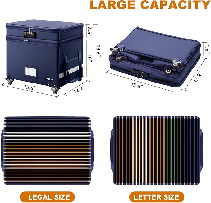 DocSafe File Box with Lock, 2-Layer Fireproof Document Box with Wheels,Collapsible File Storage Organizer with Pockets,Large Portable Office Filing Cabinet Hanging Folders,Blue,16''x13.8''x12.2''