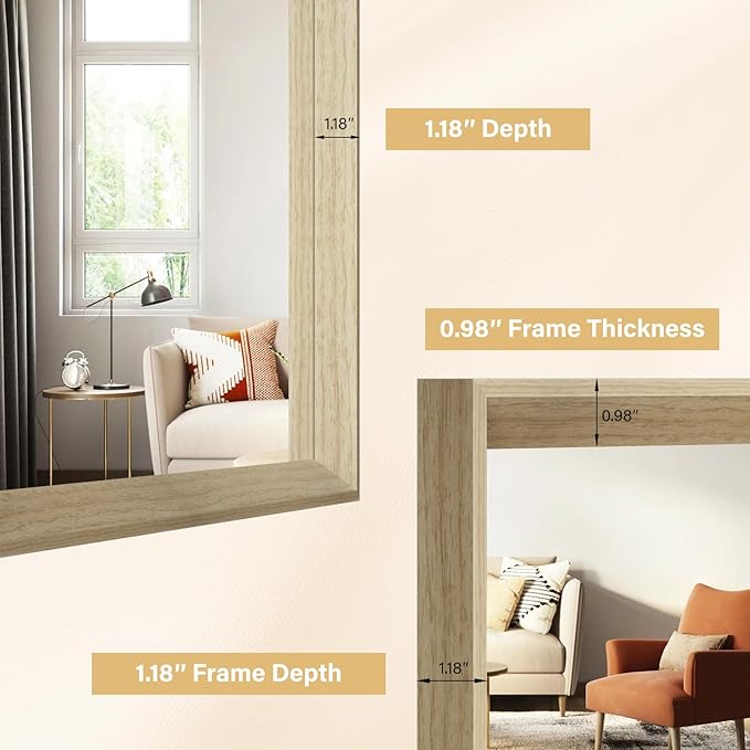 Oak Wood Effect Framed Wall Mirror, 30x36 Rectangle Mirror, Anti-desilvering