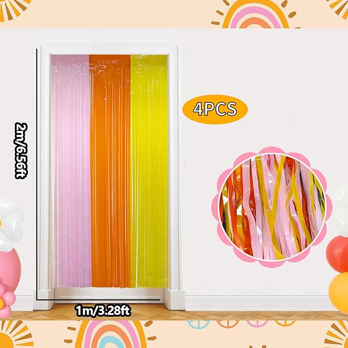 Groovy Foil Fringe Curtains Backdrop Birthday Party Decorations, 2 Pack 3.28 x 6.56 Ft Orange Yellow Pink Tinsel Streamer Photo Booth Props for Girls Hippie Thanksgiving Retro Themed Decor Supplies