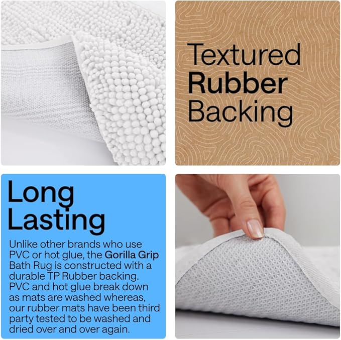GORILLA GRIP Bath Rug Mat 54x24, Thick Soft Absorbent Chenille, Quick Dry Microfiber Mats, Rubber Backing Washable Shower Floor Rugs, Bathmat Runner, US Designed Bathroom Home Decor Accessories White