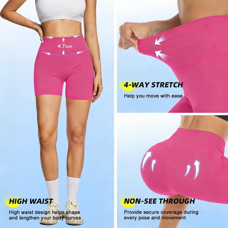 FULLSOFT High Waisted Biker Shorts for Women-5" Tummy Control Fitness Athletic Workout Running Yoga Gym Soft Shorts (Rose Red,Small-Medium)