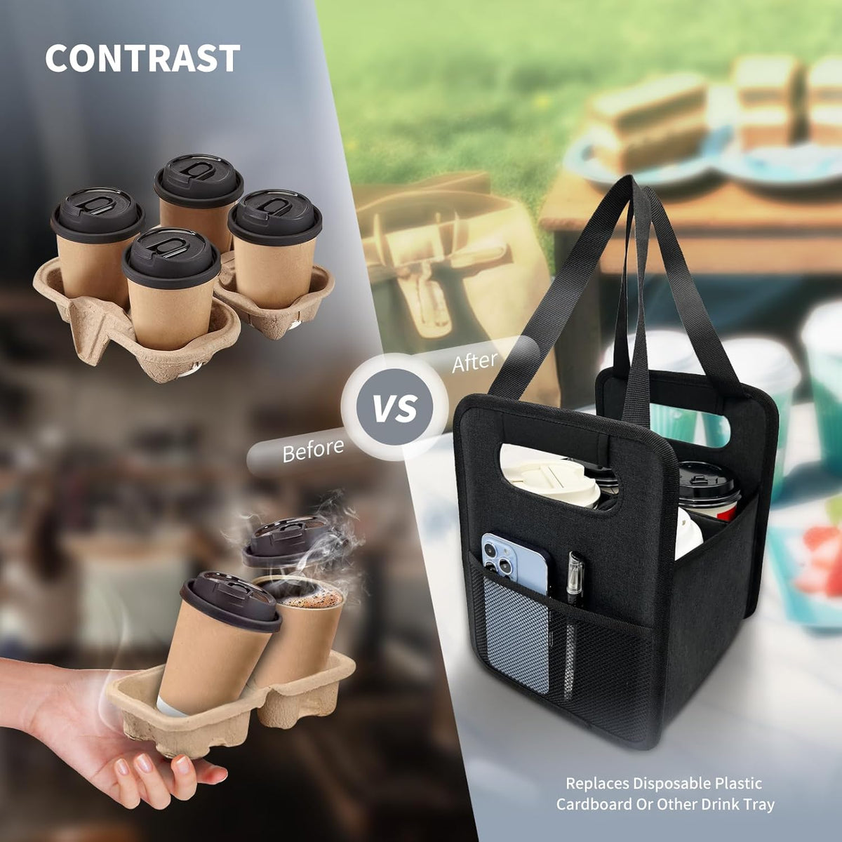 Skiennix Reusable 4-Cup Drink Carrier - Insulated Caddy with Adjustable Dividers | Foldable Black Holder for Hot & Cold Beverages