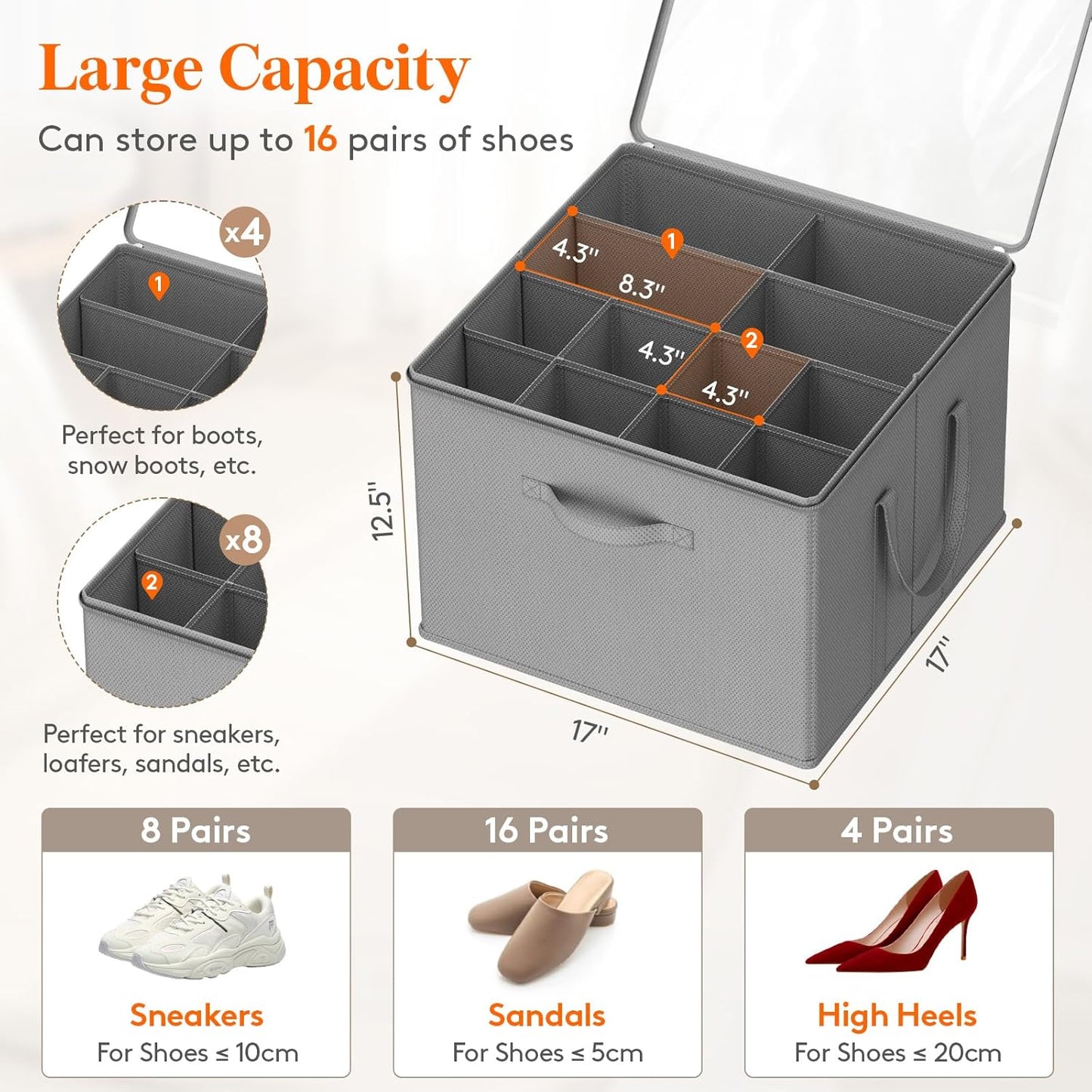 Lifewit Shoe Storage Organizer for Closet Fits 12-16 Pairs, Fabric Large Shoe Box Storage Containers with Clear Cover, Foldable Bins Fit for Boots Sneakers 17"(L) x 17"(W) x 12.5"(H) 2 Pack Light Gray