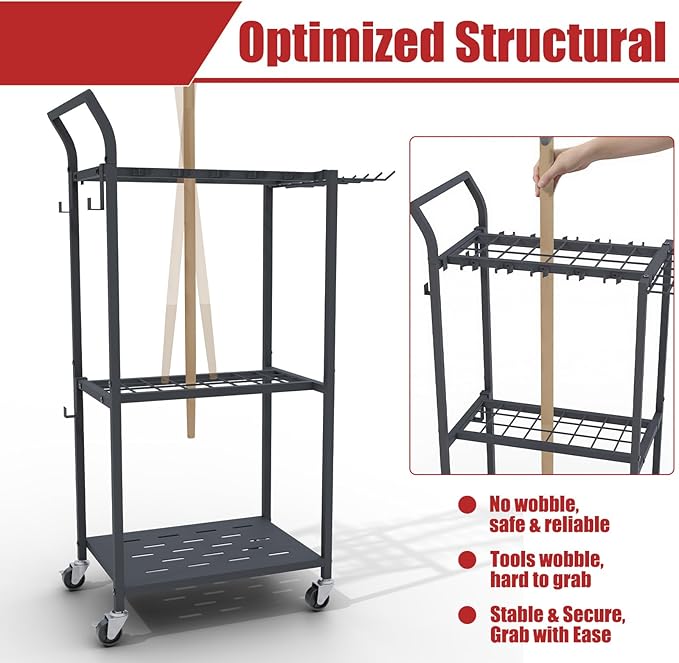 Faesun Garden Tool Organizer with Wheels, Heavy Duty Rolling Yard Tool Rack with 14 Hooks & 5 Slots, 3-Tier Metal Cart Holds 50+ Rakes/Shovels/Brooms, Mobile Lawn Storage for Garage Shed Outdoor