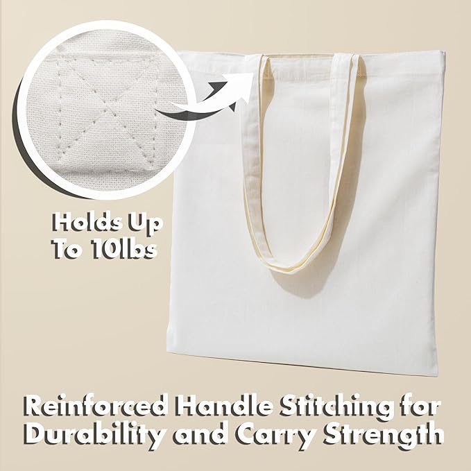 Carrywell (Not Made In China) Canvas Tote Bags 6-Pack, 15"x16", Bulk Organic Cotton Reusable Shopping Bag, Blank Cloth Totes With Handles