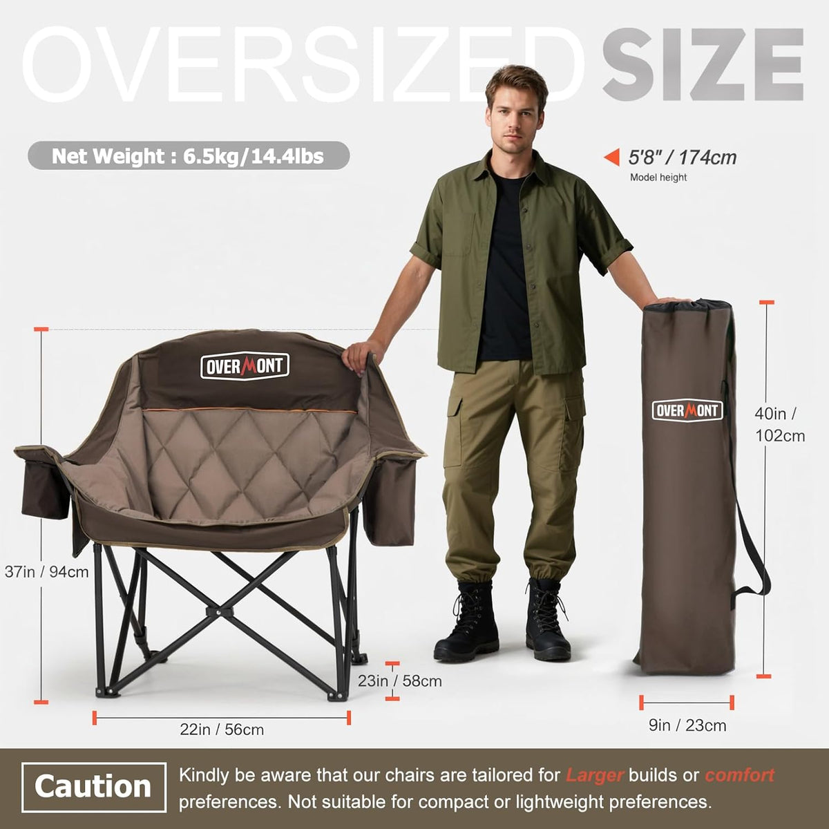 Overmont Oversized XL Camping Chair - Heavy-Duty 400lbs Support with Padded Comfort & Side Pocket | Khaki, 2pcs