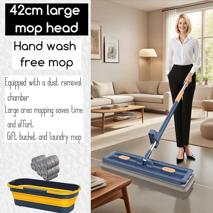 2025 New Large Flat Mop and Bucket Set, 360 Rotation Flat Mop with Self-Wringing Bucket, Includes 7 Reusable Microfiber Pads for Tile, Hardwood, Laminate Floors Wet and Dry (White)