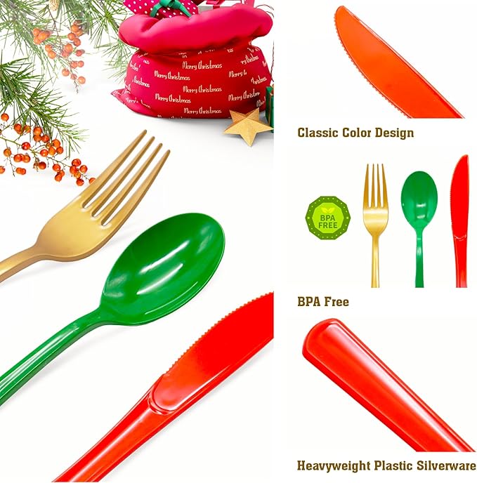 153 Pcs Christmas Plastic Silverware Heavy Duty Disposable Tableware Sets Includes Spoons Forks Knives for Christmas Party Supplies (Red Green Gold)