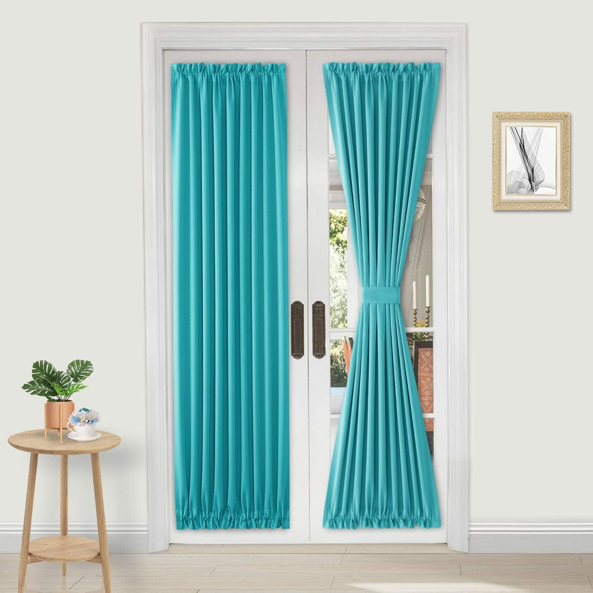 DWCN French Door Curtains – Rod Pocket Thermal Blackout Curtain for Window/Doorways/Kitchen/Classroom/Patio Doors for Privacy, 25W by 72L Inches, 1 Panel with Tieback, Turquoise
