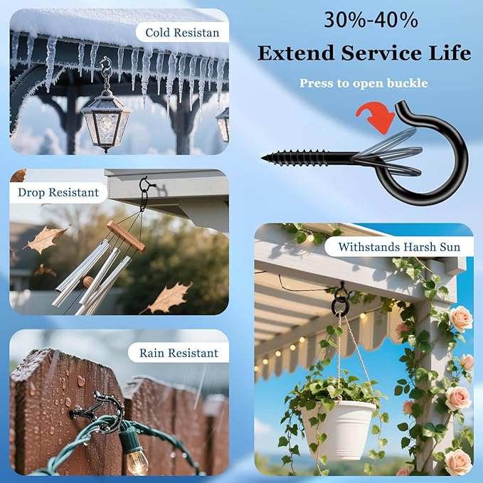 48 Pack Black Screw Hooks with Safety Buckle - 2.3 Inch Rustproof Eye Ceiling Hooks for Hanging Plants,Outdoor String Lights,Baskets,Christmas Lights & Decor,40lb Capacity (48, Black)