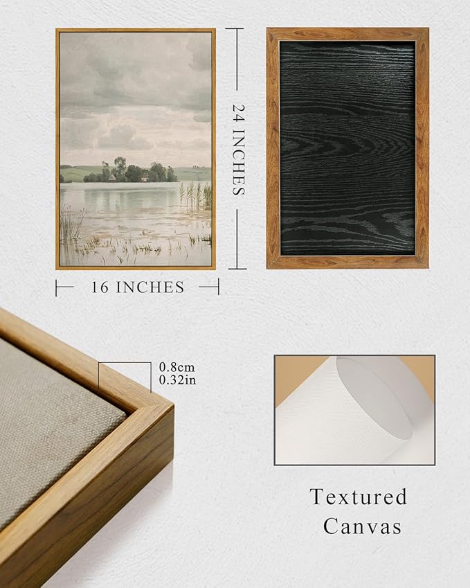InSimSea Framed Canvas Prints Art Vintage Decor, Countryside Lakeside Landscape Paintings, Large Prints, Vintage Retro Wall Decorations for Bathroom Bedroom Living Room, 16"x24"