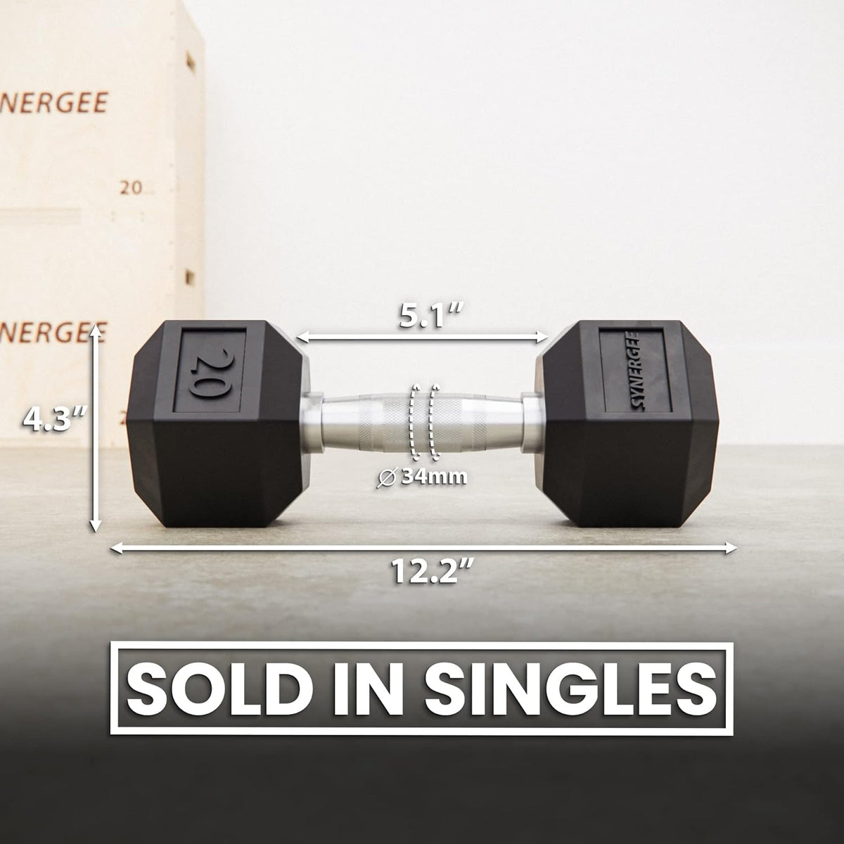 Synergee 20 LB Rubber Encased Hex Dumbbells with Chrome Handle. Sold Individually All Purpose Weights for Strength & Conditioning Training.