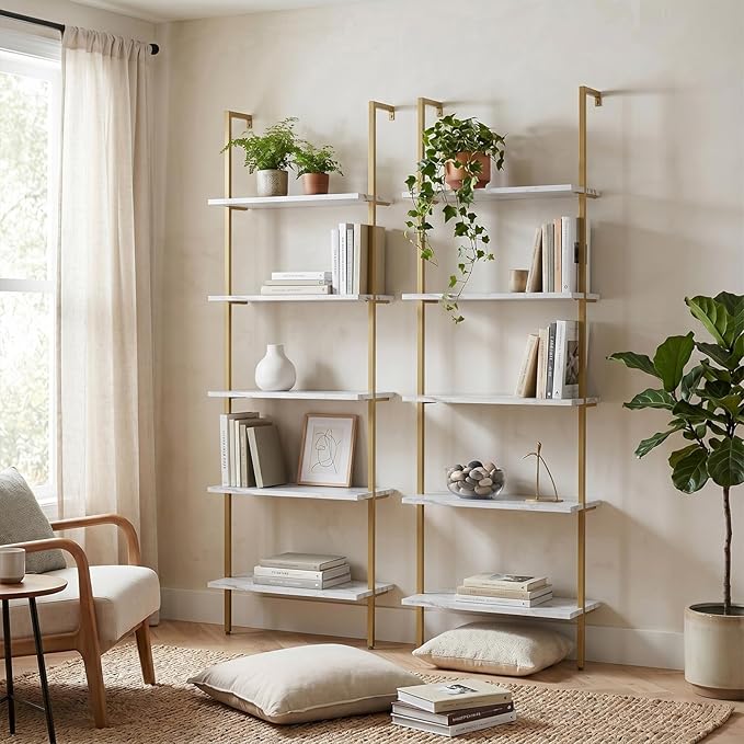 aboxoo Ladder Shelf White Marble Bookshelf 5-Tier Wall-Mounted Wood Rack