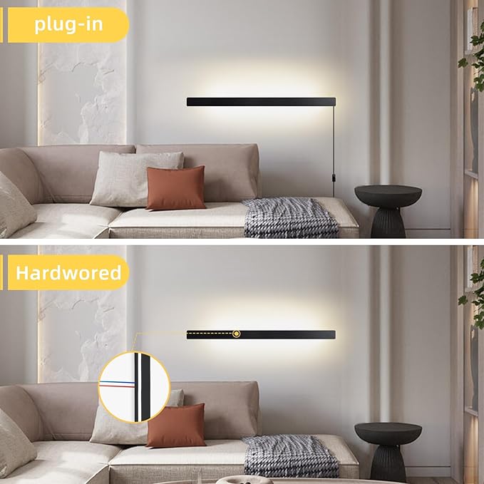 KELUOLY Modern Plug in Wall Lights, 31.4 inch Frosted Black LED Long Wall Sconce
