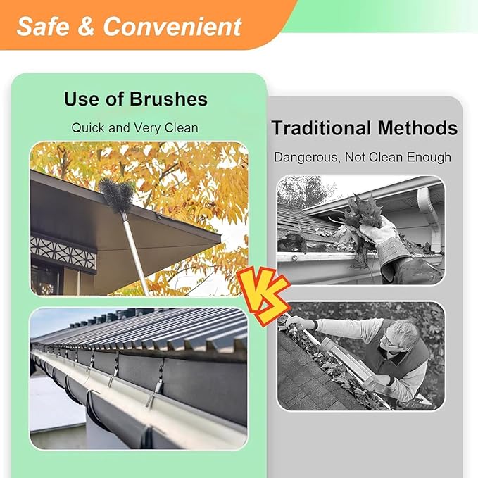 Outdoor Patio Rain Gutters Clean Kit with PET Brushes & Non-slip Handle for Debris Removal, 5.5ft 6.5feet 7.5foot Long Gutter Cleaning Tool From the Ground(7.5ft)
