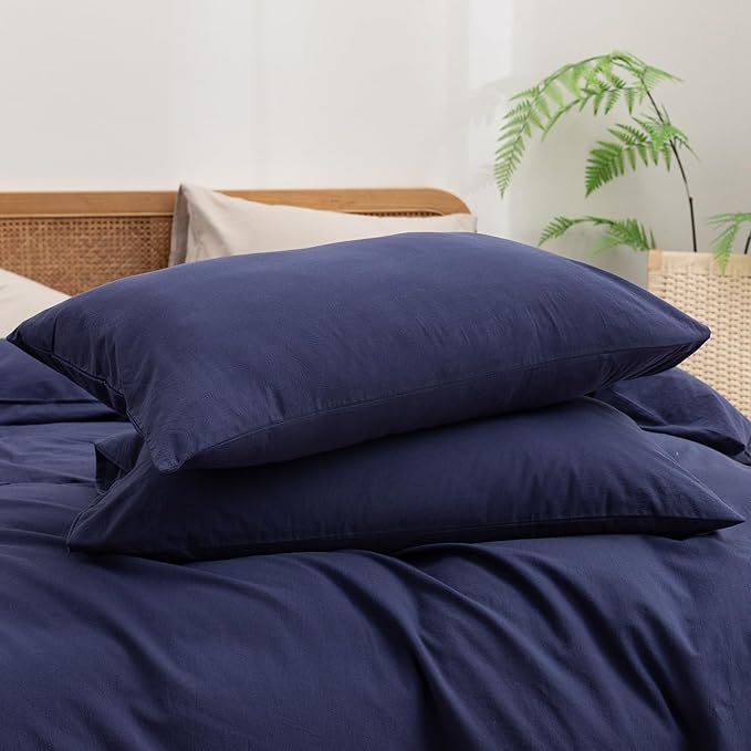 BESTOUCH Duvet Cover Set 100% Washed Cotton Linen Feel Super Soft Comfortable Chic Lightweight 3 PCs Home Bedding Set Solid Navy Blue Super Queen