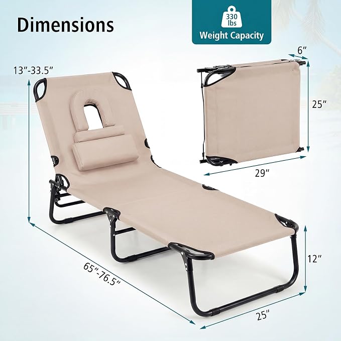 GYMAX Tanning Chair, Folding Lounge Chairs with Face Hole & Cover, Removable Pillow Carry Handle, Portable Compact Outdoor Layout Recliner for Beach, Poolside, Lawn, Patio, Camping (Sand,1)