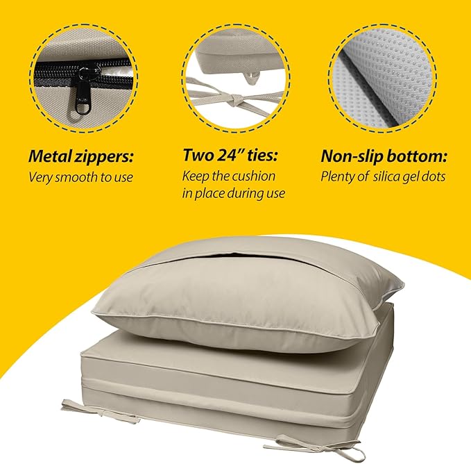 AAAAAcessories Outdoor Seat Cushions for Chairs, Fade-Resistant, Waterproof Patio Furniture Replacement Cushions, 22" x 24" x 5" + 22" x 19", Beige