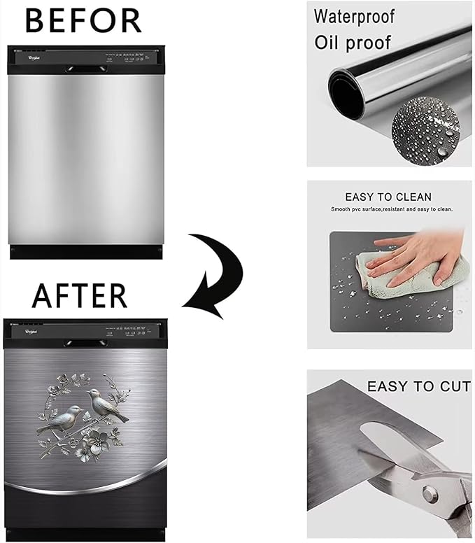 Dishwasher Cover Sheet Magnetic Bird Flower,Grey Metal Silver Pattern Polishing Dishwasher Skin Magnet Decor Silver Texture, 23X26 INCH Steelbird Magnet Rerigerator Wrap, Kitchen Full Panel Decal