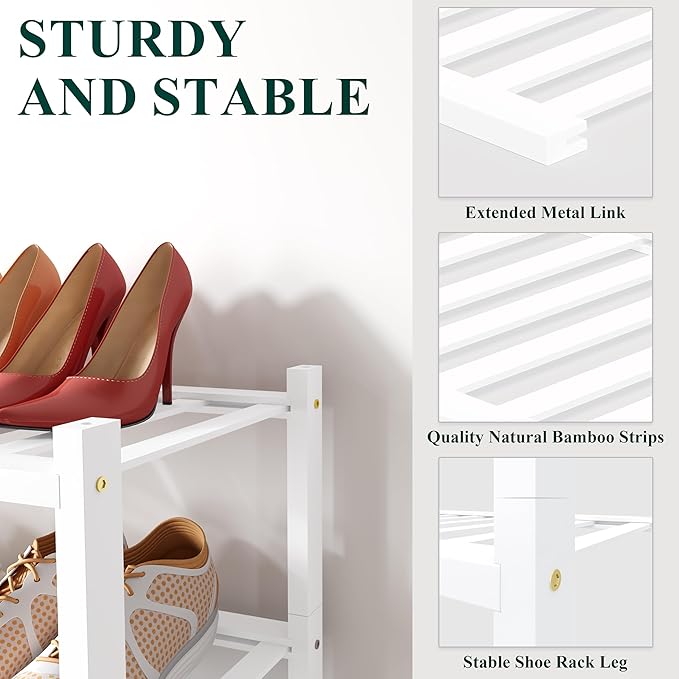 Smiry Bamboo Shoe Rack for Closet, 2 Tier Wooden Stackable Shoe Organizer, Free Standing Shoes Storage Shelf for Entryway, Front Door Entrance, White
