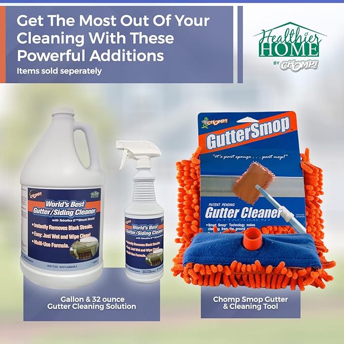 CHOMP! World’s Best Gutter Cleaner: Ultimate Gutter Cleaning Solution for All Types of Rain Gutters, Siding and Metal Trim - Instantly Clean Black Streaks, Filth, Dirt - 32 oz