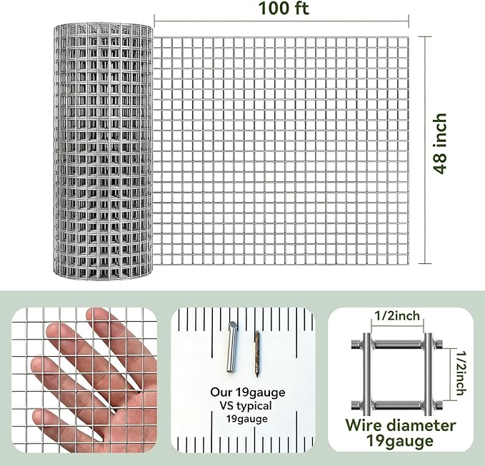 Amagabeli Hardware Cloth 1/2 inch 48 x 100 ft 19 Gauge Chicken Wire Fence Hot-Dipped Galvanized After Welding Welded Wire Fencing Mesh Roll Plant Support Gopher Snake Rodent Rabbit Poultry Netting