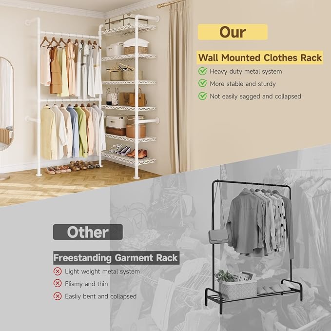 L2 Wall Mounted Closet System, Industrial Pipe Clothing Rack Clothes Racks