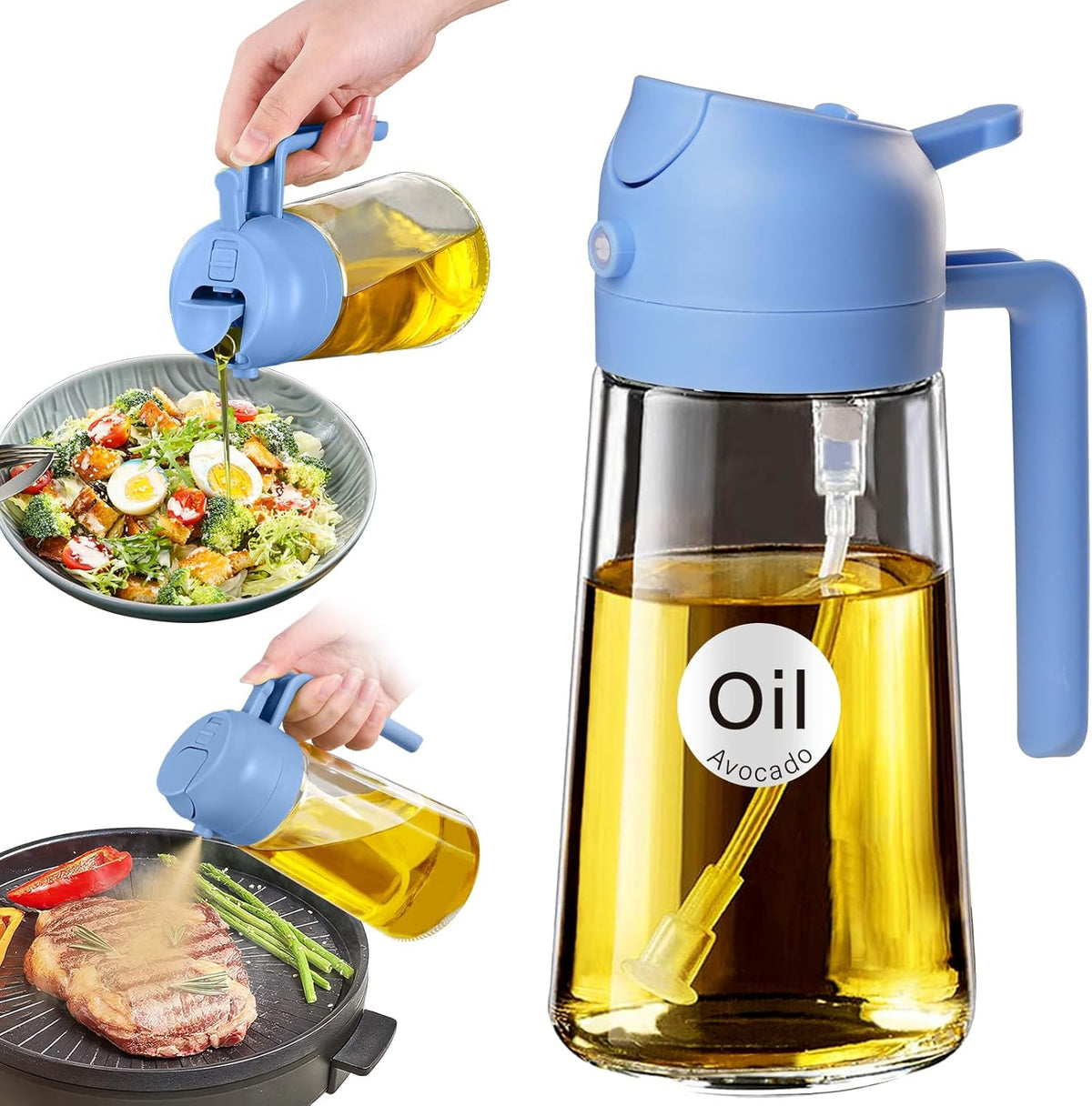 YARRAMATE 16oz/470ml Glass Olive Oil Sprayer for Cooking with Stickers, 2 in 1 Oil Dispenser for Kitchen Gadgets, Food Grade Premium Spray Bottle with Portion Control for Salad, BBQ(SkyBlue)