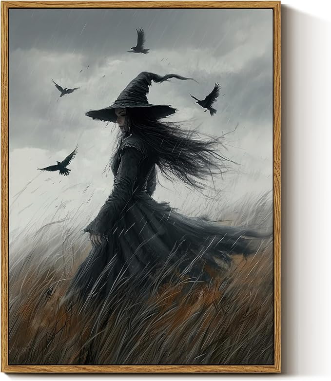 InSimSea Framed Canvas Prints Art Vintage Decor, Witch Gothic Moody Painting, Rustic Dark Academia Wall Art for Bathroom, Halloween Living Room Witchy Room Wall Cottagecore Decor, 12x16inch
