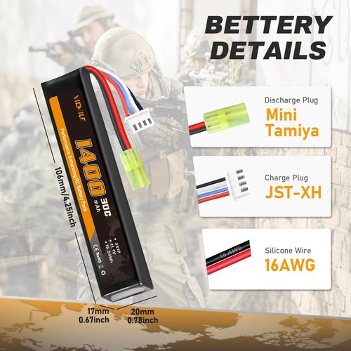 3S Airsoft Battery | 11.1V 1400mAh 30C Mini Tamiya Plug with USB Charger for Airsoft Guns