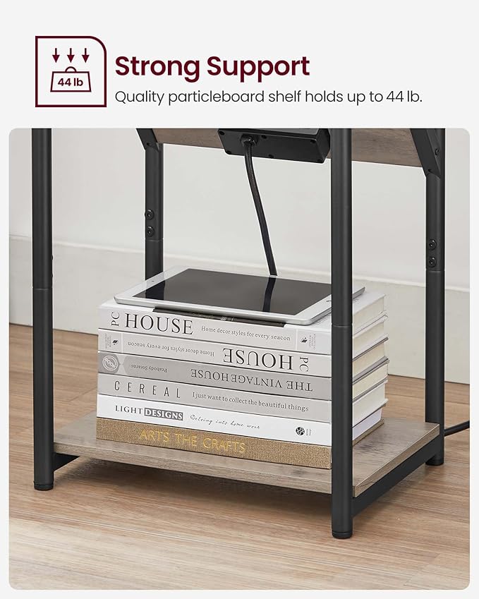 VASAGLE End Table with Charging Station, Set of 2, Small Side Tables for Living Room, Bedroom, Nightstand with Outlets and USB Ports, Bedside Table with Storage Shelf, Heather Greige and Black