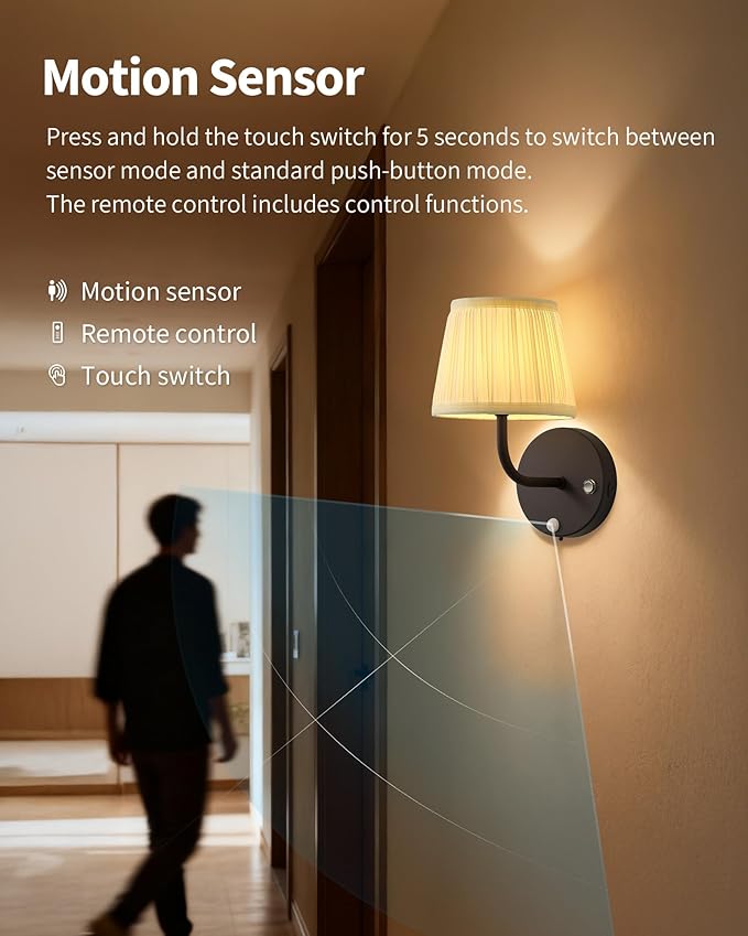 PUSU Motion Sensor Black H9.6 inch Small Wall Sconces Set of 2, LED Cordless