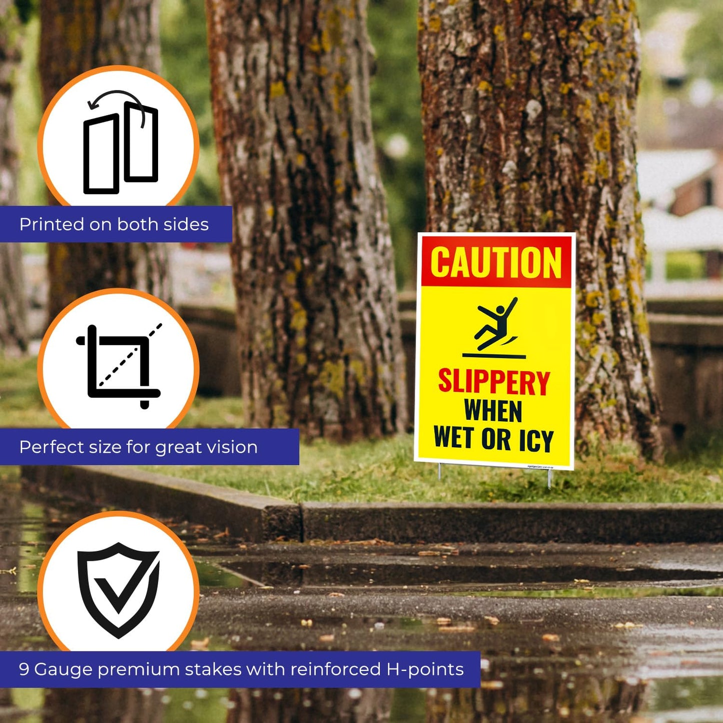 Caution Slippery When Wet or ICY Sign, (SI-84404) Double Sided 9x12 Inches, Corrugated Plastic with Metal H Stake, Made in USA by Sigo Signs