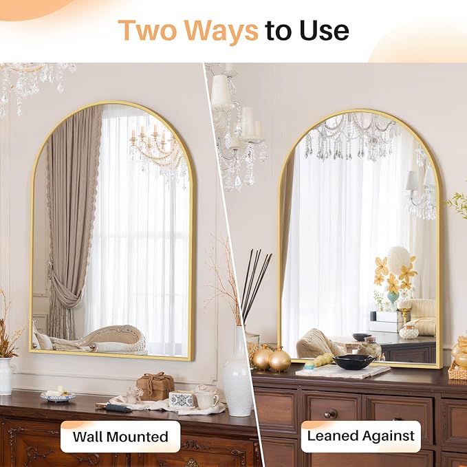 Bathroom Mirror for Wall, 36x24 Inch Arched Mirror, Matte Gold Metal Framed