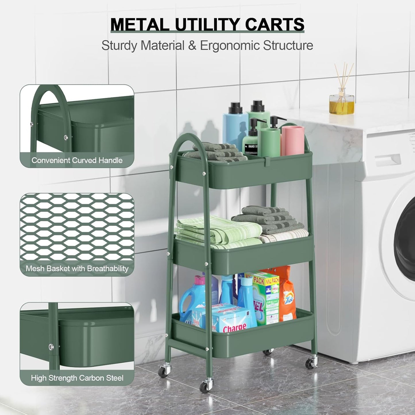 EAGMAK 3 Tier Utility Rolling Cart, Metal Storage Cart with Handle and Lockable Wheels, Multifunctional Storage Organizer Trolley with Mesh Baskets for Kitchen, Living Room, Office, Garage (Jungle)