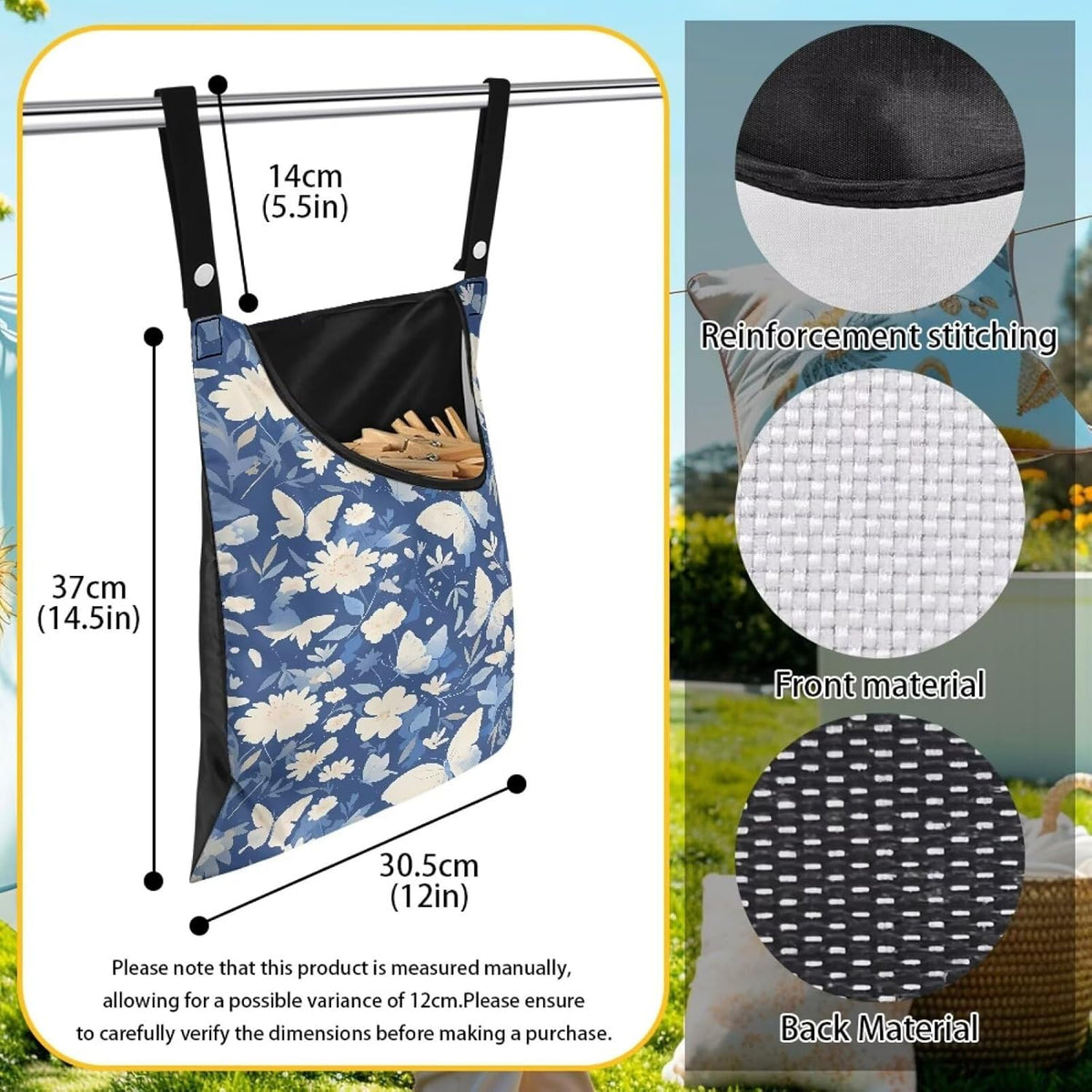 2 Pcs Butterfly and Floral Clothespin Bag with Large Opening Clothes Pins Holder Outdoor and Laundry Bag Hanging Fits for Clothesline Outdoor