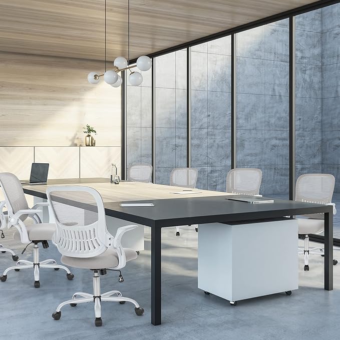 Sweetcrispy Office Computer Desk Chair, Ergonomic Mid-Back Mesh Rolling Work Swivel Task Chairs with Wheels, Comfortable Lumbar Support, Comfy Flip-up Arms for Home, Bedroom, Study, Student, Gray