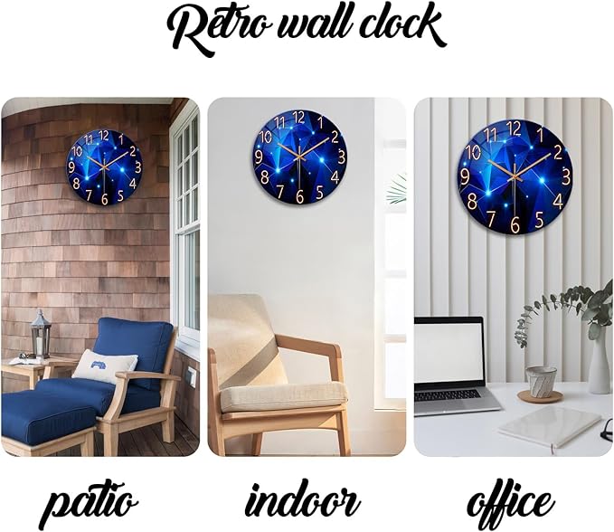Blue Wall Clock Battery Operated 14 Inch Modern Wall Clock Non Ticking Glass