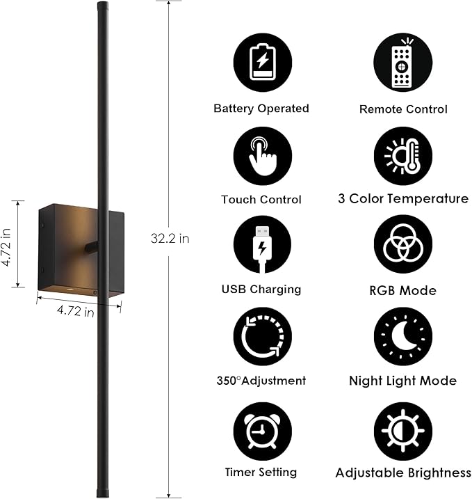 KARTOOSH 32.2 Inch 9 RGB Color Battery Operated Wireless Wall Sconces Set of Two