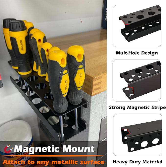 ULIBERMAGNET Magnetic Screwdriver Holder Rack,Heavy Duty Magnetic Pliers Holder,Tools Organizer Rack for Screwdriver, Plier, Shears,Magnetic Mount Tools Rack for Garage,Tool Cart,Pegboards,Workbench