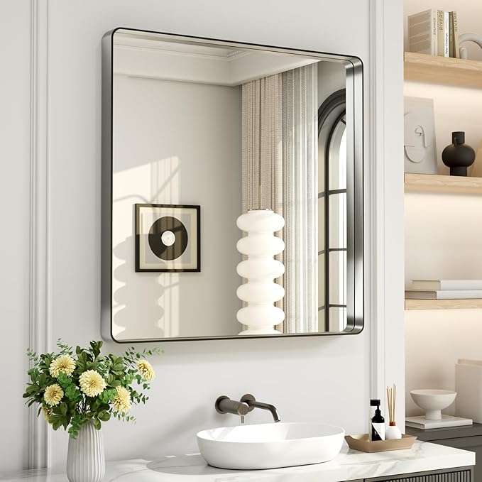 LOAAO 36X36 Inch Brushed Nickel Bathroom Mirror, Rounded Rectangle Silver Metal Frame Mirror, Brushed Nickel, Anti-Rust, Shatter Proof, Hangs Horizontally or Vertically