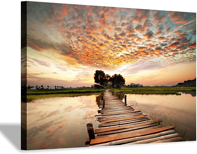Lake Pier Canvas Wall Art: Dock in Sunset Artwork Wooden Bridge Picture Boardwalk Painting for Office（36"x24"x1 panel）