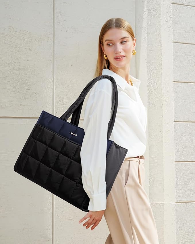 LOVEVOOK Tote Bag for Women, Puffer Work Handbag 17 Inch Laptop Purse for Nurse Teacher, Large Quilted Travel Tote Shoulder Bag with Zipper for College Office Clinical Gym, Dark Blue-black