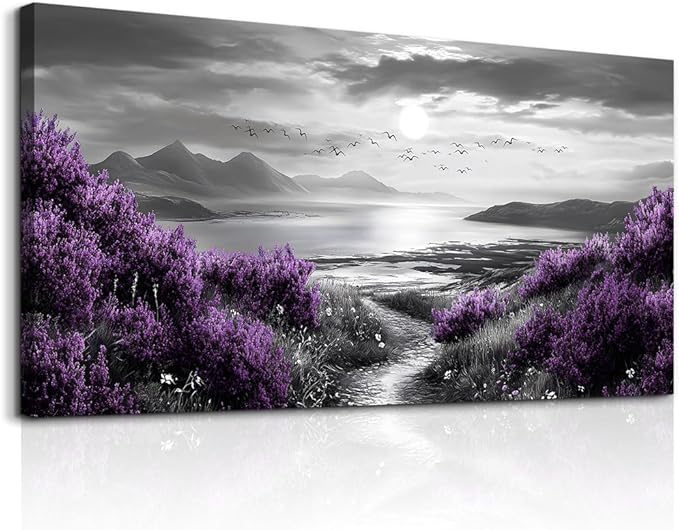 Canvas Wall Art for Living Room Large Wall Decor for Bedroom Modern Office Wall Decoration Purple Flowers Landscape Paintings Black and White Scenery Pictures Artwork Aesthetic Home Decor