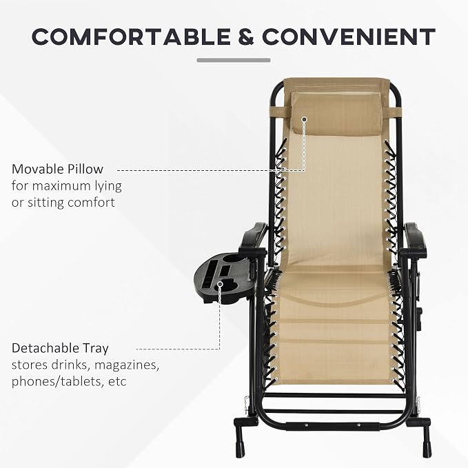 Outsunny Set of 2 Outdoor Rocking Chairs, Foldable Reclining Zero Gravity Lounge Rocker with Pillow, Cup & Phone Holder, Combo Design with Folding Legs, Beige