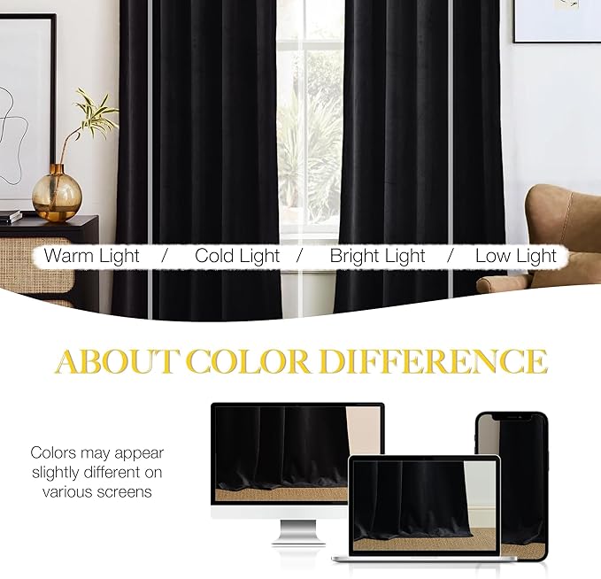 NICETOWN Black Velvet Curtains 90 inches Long 2 Panels Set, Thermal Insulated