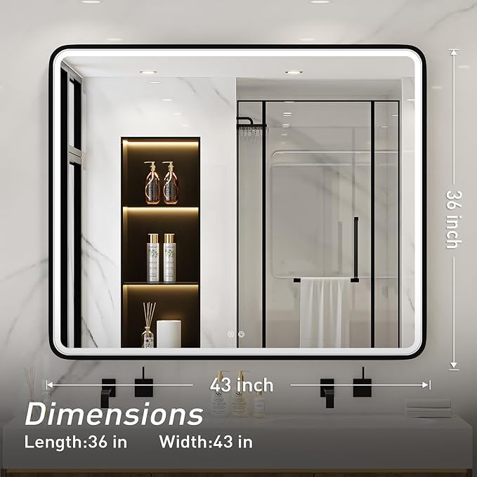 43X36 Inch Black LED Bathroom Mirror