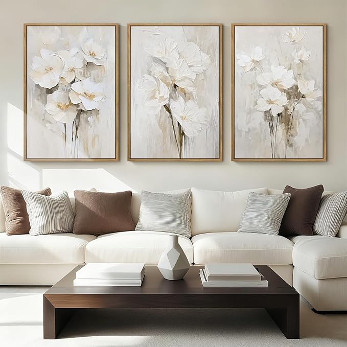 Anyzal Framed Neutral Beige Floral Wall Art Large 16x24 Inch White Cream Flower Canvas Wall Decor Modern Botanical Farmhouse Painting for Living Room Bedroom Dining Room Set of 3
