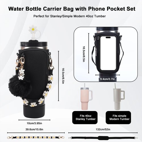 3tyto Stanley Cup Accessories Set Including Water Bottle Carrier Bag,Water Bottle Holder with Strap,Straw Cover, Charms,Silicone Boot for Stanley 40oz 30oz Tumbler (Black)
